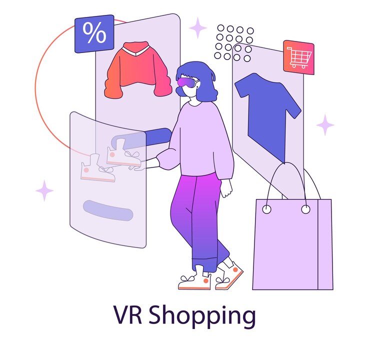 Vector virtual reality shopping concept customer engaging in online shopping using vr technology