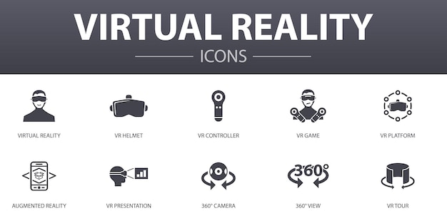 Vector virtual reality simple concept icons set. contains such icons as vr helmet, augmented reality, 360â° view, vr controller and more, can be used for web, logo, ui/ux