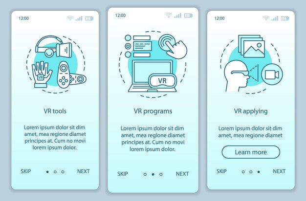 Программное обеспечение виртуальной реальности на экране страницы мобильного приложения с линейными концепциями. Инструменты виртуальной реальности, программное обеспечение, приложения, устройства, пошаговые инструкции, графические инструкции. UX, UI, векторный шаблон GUI с иллюстрациями