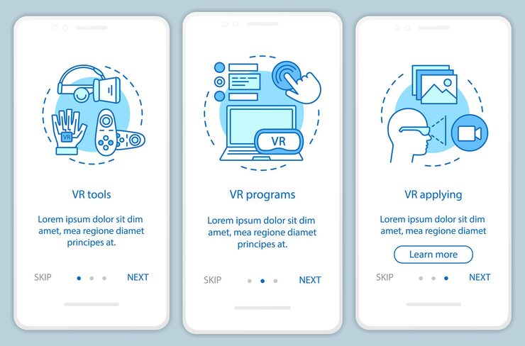 Vector virtual reality software onboarding mobile app page screen with linear concepts. vr tools, soft, application walkthrough steps graphic instructions. ux, ui, gui vector template with illustrations