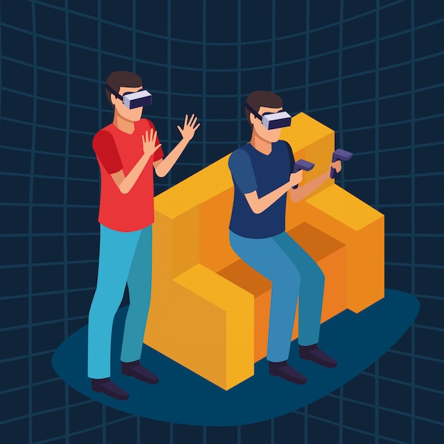 Virtual reality technology experience cartoon on blue digital background