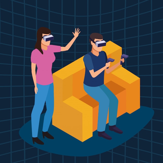 virtual reality technology experience cartoon on blue digital background