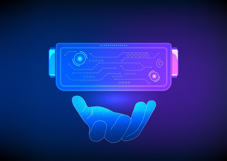 Vector virtual reality technology hand holding a vr headset represents man made innovations