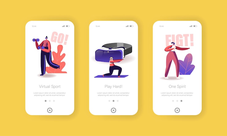 Vector virtual reality technology for sports workout mobile app page screen template