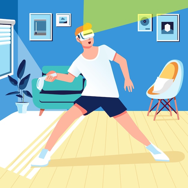 Illustrazione vettoriale del concetto di allenamento e fitness della tecnologia della realtà virtuale donna in cuffia vr gioca a tennis in soggiorno