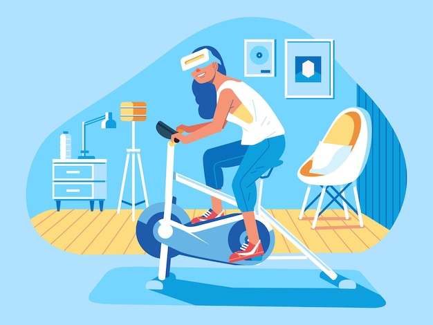 Virtual reality technology workout and fitness concept vector illustration woman in vr headset riding static bike at living room