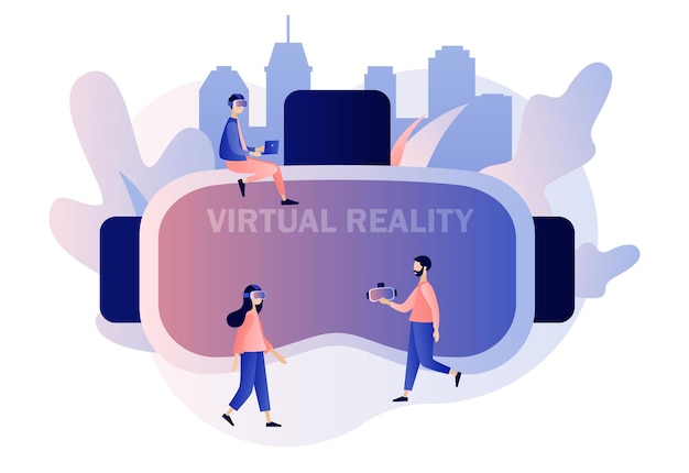 Vector virtual reality tiny people using virtual reality glasses and big glasses vr cyberspace