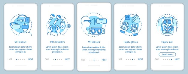 Virtual reality tools onboarding mobile app page screen with linear concept. VR mask set, controller, datagloves, suit walkthrough steps graphic instructions. UX, UI, GUI vector template with icons