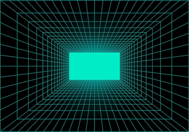 Tunnel di realtà virtuale o wormhole griglia prospettica del tunnel vuoto con luce alla fine visualizzazione dei dati della matrice vettore