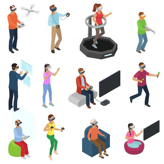 Vector virtual reality vector people in vr character gamer with vr glasses and person playing vr