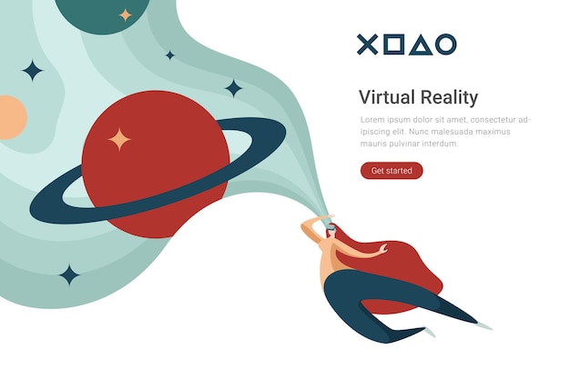 Virtual Reality VR-technologie platte ontwerp illustratie Vrouw in virtuele bril in de ruimte