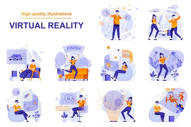 Virtual reality web concept with people scenes set in flat style bundle of users in vr headsets play