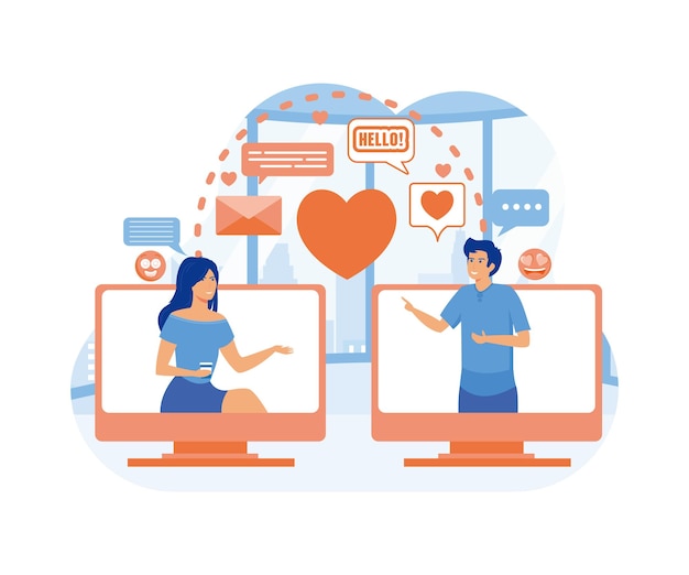 Virtual relationships online dating cartoon composition with computer screens and couple having date with messaging flat vector modern illustration