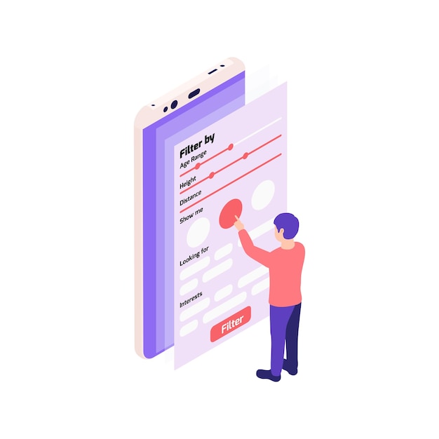 Vettore composizione isometrica negli appuntamenti online di relazioni virtuali con l'uomo che regola i filtri dell'illustrazione dell'app di incontri