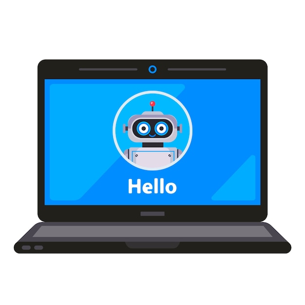 virtual robot assistant on a laptop monitor. 