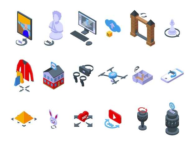 Virtual tour icons set isometric vector. Video arrow