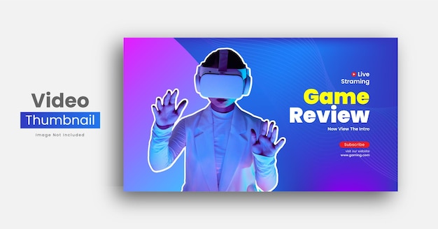 Vettore recensione del mondo virtuale o dei videogiochi miniatura del canale youtube e banner web vettore premium