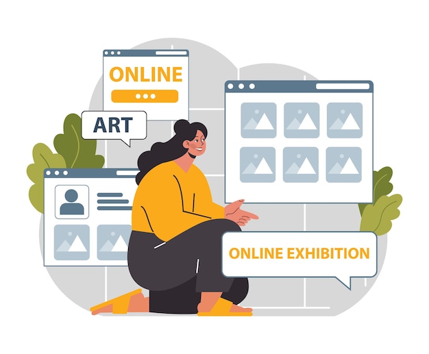 Vector virtueel evenement online tentoonstellingsconcert of conferentie onderwijs en entertainment op afstand digitale museumtour livestream uitvoering platte vectorillustratie