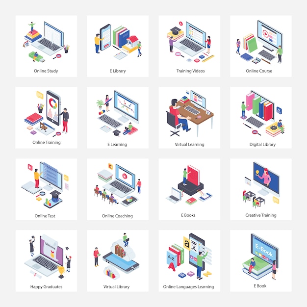 Vector virtueel onderwijs isometrisch illustratiespakket