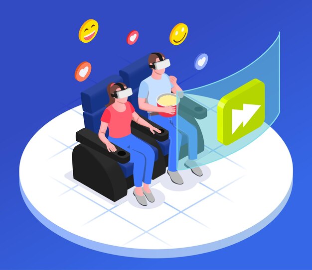 Virtuele augmented reality isometrisch met paar zittend op de bank met emoticons, popcorn en vr-bril