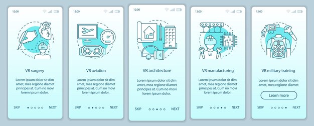 Virtuele industrie onboarding mobiele app paginascherm met lineaire concepten. VR-productie, luchtvaart, leger, architectuur walkthrough stappen grafische instructies. UX, UI, GUI vectorsjabloon met pictogrammen