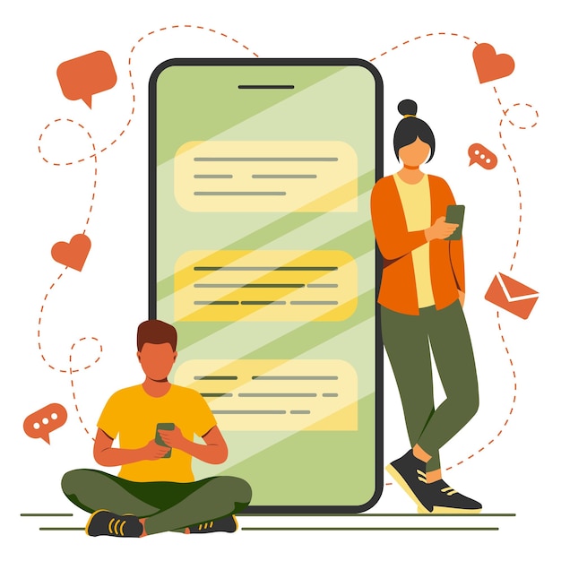 Virtuele liefde in sociaal netwerken Concept van chatten met telefoon Vectorillustratie in vlakke stijl