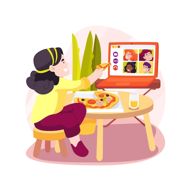 Virtuele pizza party geïsoleerde cartoon vectorillustratie