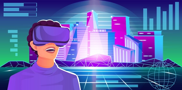 Vector virtuele stadswereld met vrouw in vr-headset kijken naar digitale interface met stadsgezicht hologram netwerktechnologie cyberspace futuristische wetenschap retro neon kunst galaxy matrix vectorillustratie