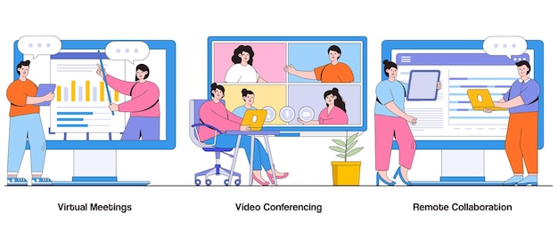Vector virtuele vergaderingen videoconferenties samenwerking op afstand concept met karakter digitale communicatie abstracte vectorillustratie set connectiviteit efficiëntie virtueel teamwerk metafoor