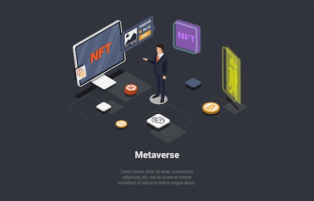 Virtuele wereldwijde internetverbinding Metaverse met nieuwe ervaring in Metaverse Virtual Reality-technologie Man die in NFT investeert, werkt samen met Venture Fund Isometrische 3D-cartoon vectorillustratie