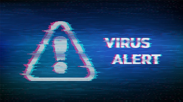 Vettore avviso di virus. attenzione glitch. è stato rilevato un virus, avvisa il messaggio di allarme in uno stile distorto.