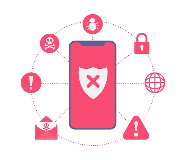 스마트폰의 바이러스 경고 메시지 알림 휴대폰의 맬웨어 및 바이러스 알림 또는 오류 스팸 데이터 안전하지 않은 연결 사기에 대한 빨간색 경고 경고 벡터 그림