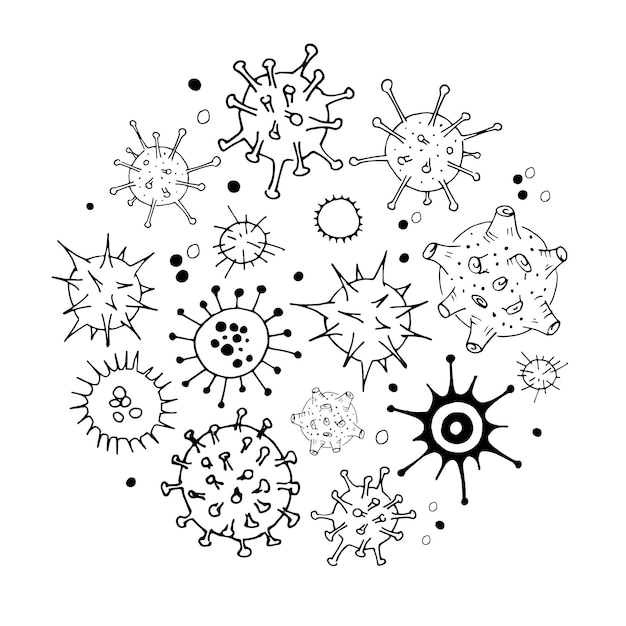 Virus and bacteria doodle set. Collection of simple hand drawn illustrations. Isolated on white. Vector