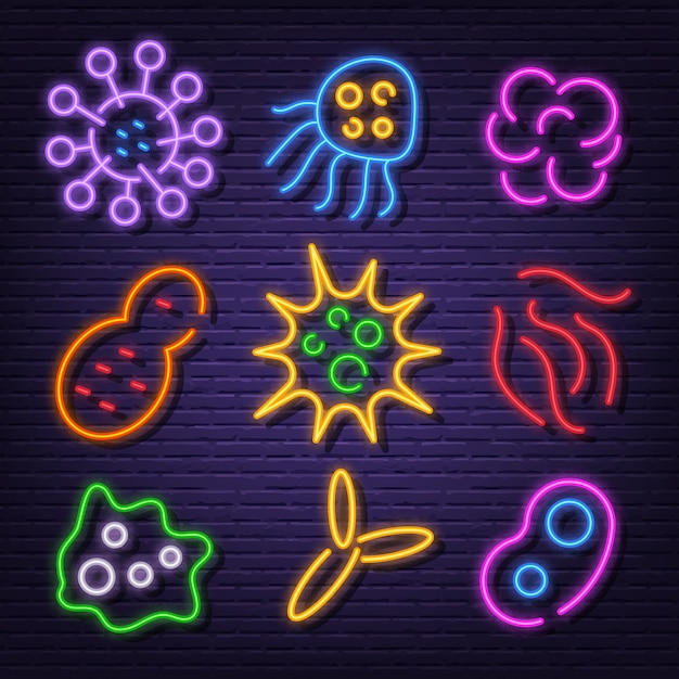 Virus and bacteria neon signboard icons