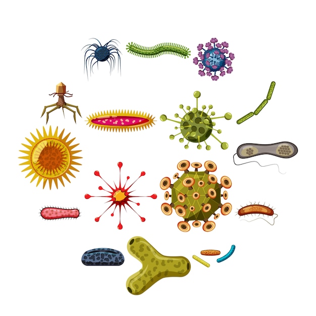 Virus bacteriën iconen set, cartoon stijl