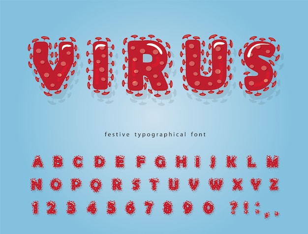 Carattere del fumetto di virus. alfabeto rosso coronavirus.