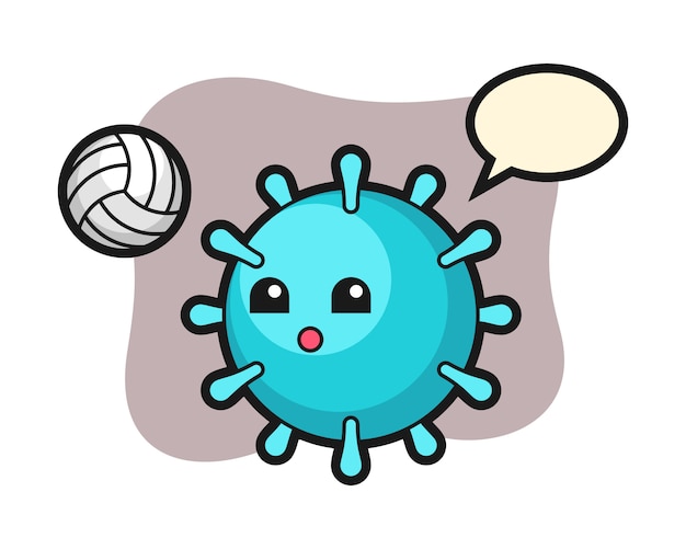 Virus cartoon is playing volleyball