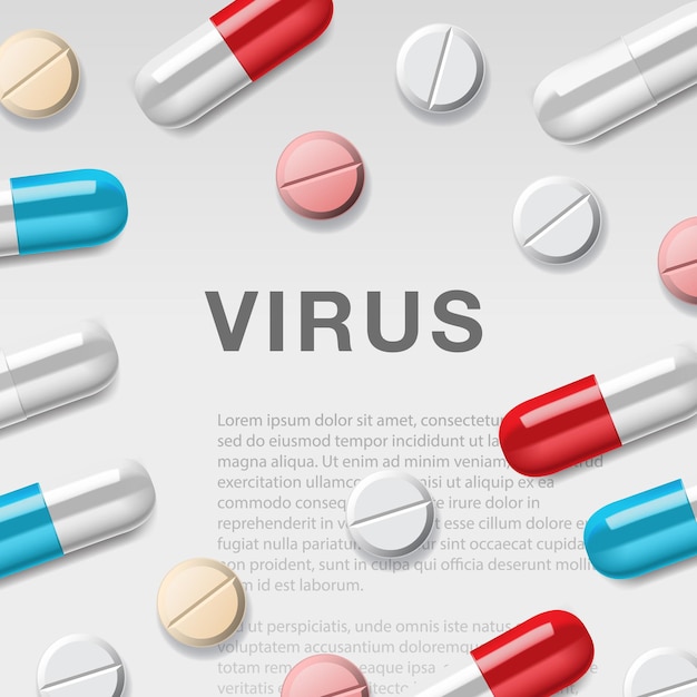 Вирусная концепция со шприцами и векторной иллюстрацией макета информации о лекарствах