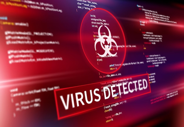 Vettore messaggio di avviso di avviso rilevato virus sullo schermo del computer, sfondo di sicurezza informatica vettoriale di internet. attacco di hacking e rilevamento di virus spyware o malware antivirus digitale per frodi di dati su internet