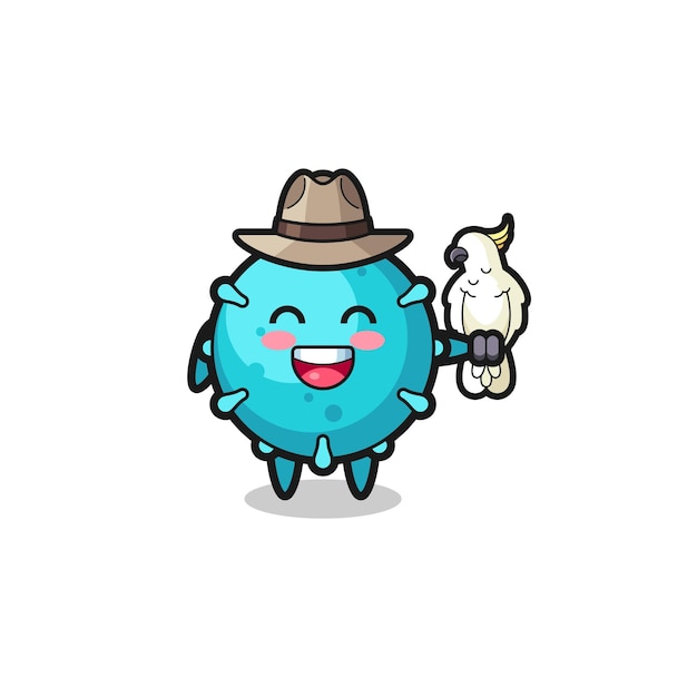 Virus dierenverzorger mascotte met een papegaai, schattig design