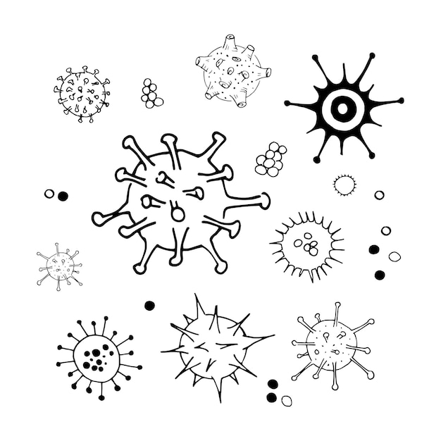 Virus en bacteriën doodle set. Verzameling van eenvoudige handgetekende illustraties. Geïsoleerd op wit. Vector