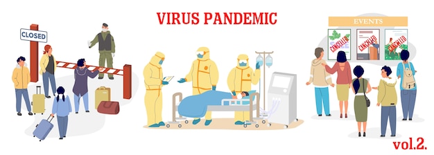 Virus epidemic illustration. coronavirus respiratory disease prevention. closed borders, icu room and doctors in protective suits, quarantine and canceled events. corona virus pandemic.