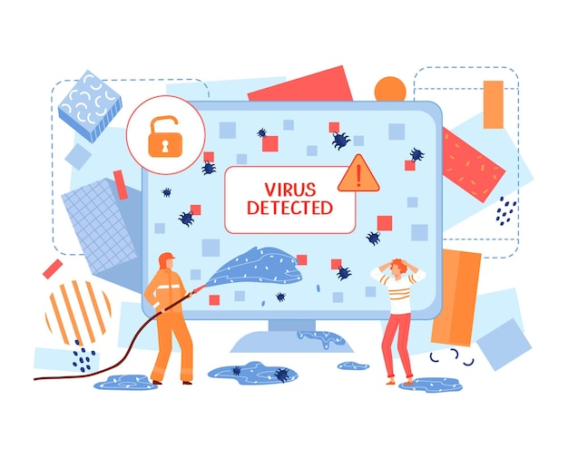 Virus gedetecteerde zakelijke beveiliging van hacker vectorillustratie Waarschuwingswaarschuwing op computerscherm man gegevensbescherming op kantoor