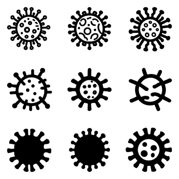 Virus icons set Black symbols of virus particles with a spikes