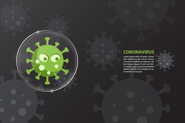 Vector virus karakter in glazen lens coronavirus covid-19 op zwarte achtergrond. gezondheidszorg en medisch concept.