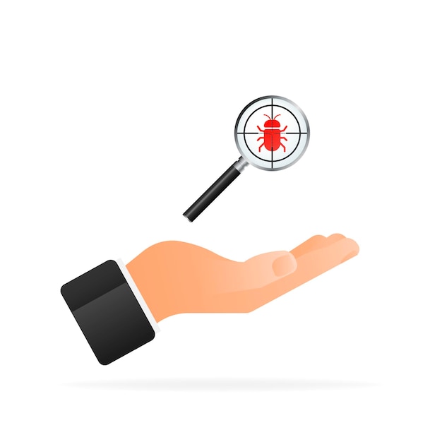 Virus loupe icon in hand searching virus microbe icon cyber secure