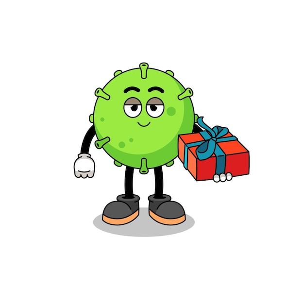 Virus mascot illustration giving a gift