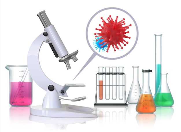 Virus under microscope. Realistic medical laboratory equipment and flu infection magnification, coronavirus disease vaccine research. Vector survey science concept