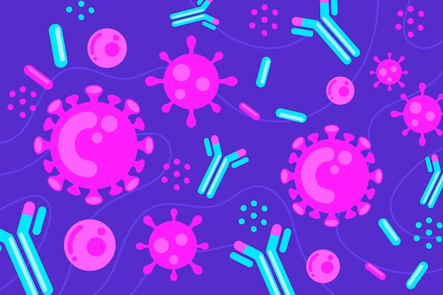 Particelle di virus che interagiscono con lo sfondo delle molecole di anticorpi