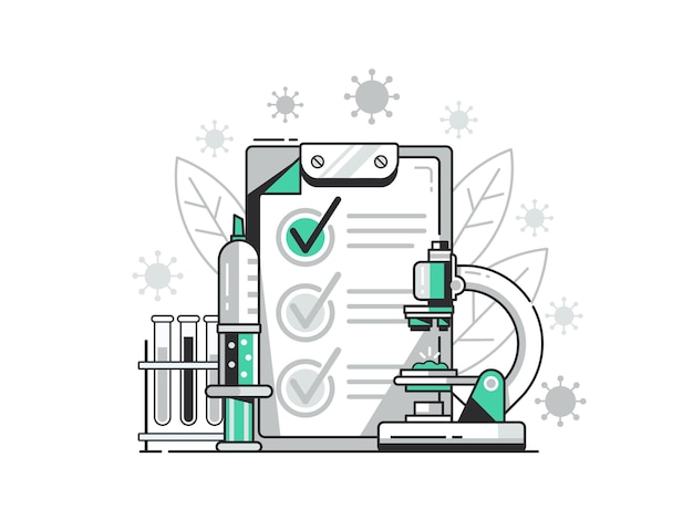 Illustrazione del test positivo al virus. concetto di test di laboratorio batteriologico con microscopio, iniezione e preparati. scena di analisi mediche del sangue con test in bianco e virus in linea design piatto.